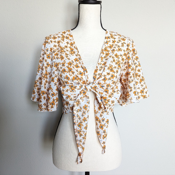 White orange and blue floral flounce sleeve cropped tie front top size L - Picture 1 of 8